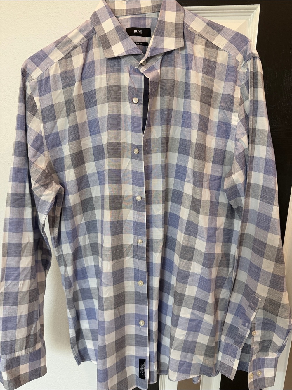 BOSS Men's Blue and White Plaid Button-Down Shirt